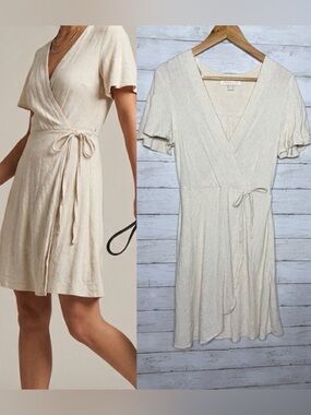 Monteau Beige Cream Linen Blend Wrap Dress Size Medium